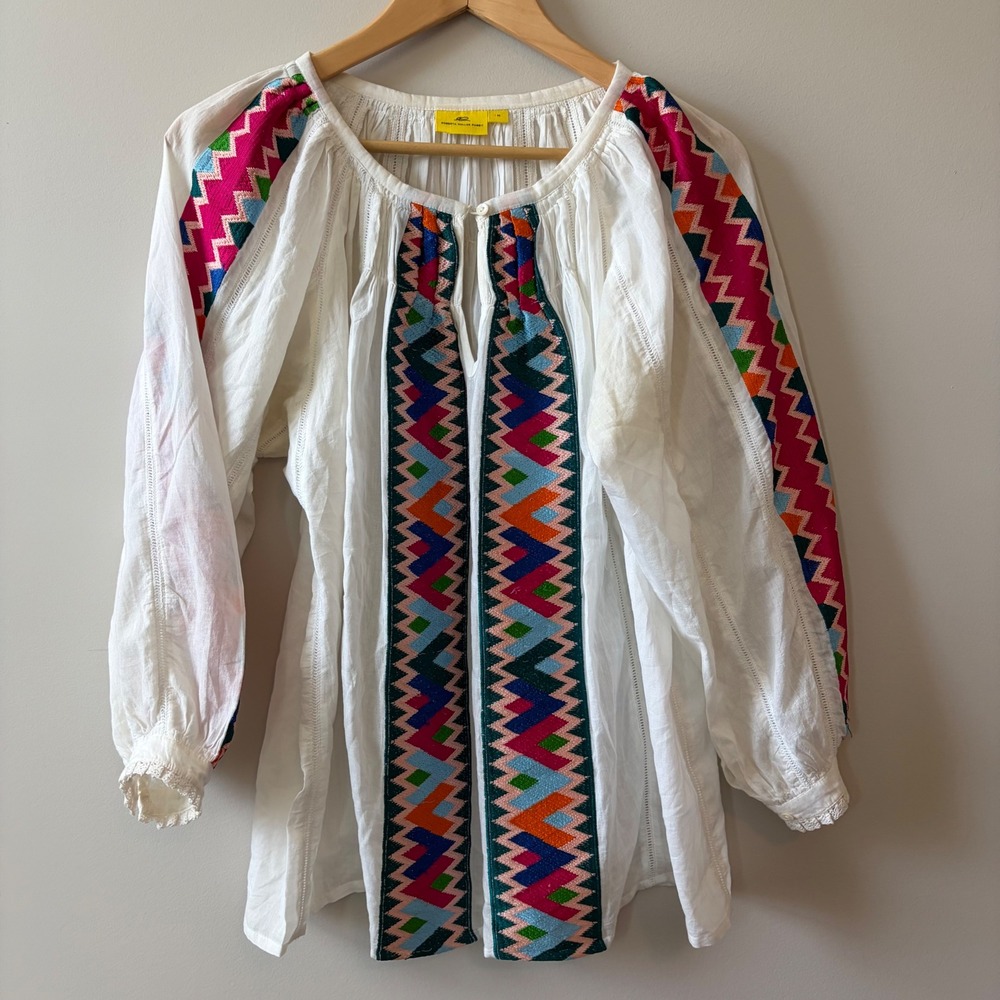 Roberta Roller Rabbit White Cotton Embroidered Peasant Blouse Boho Top Medium
